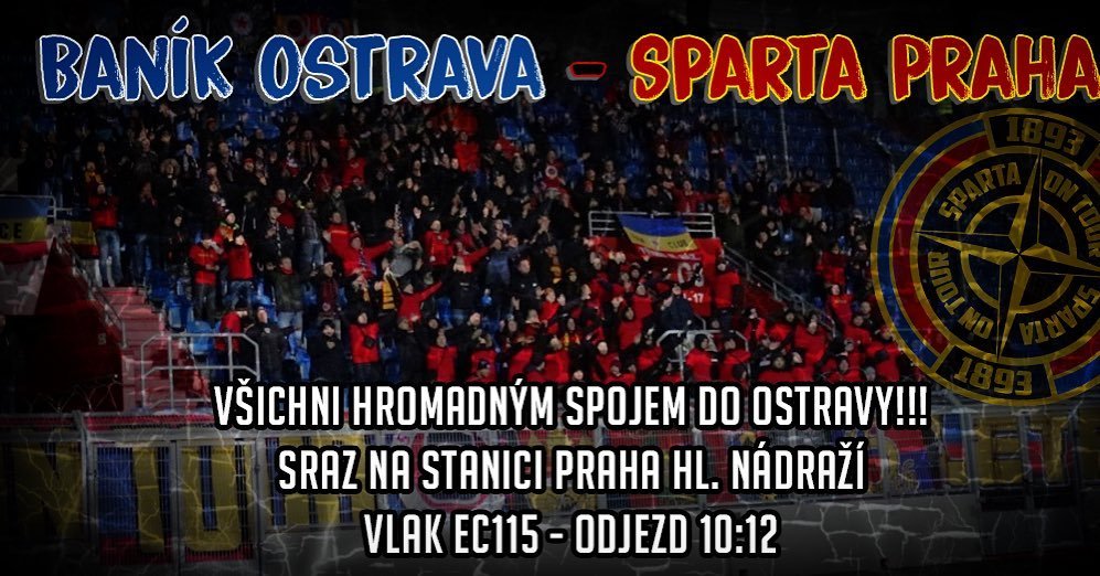 Sparta on tour!!!
V neděli jedeme do Ostravy po téměr dvou letech. Pojďme se proto ukázat v co nejlepším počtu. Zároveň jde o důležitý zápas, co se týče bodů do ligové tabulky.
Z Prahy pojedeme hromadným vlakem v 10:12. Po zápase navazuje spoj zpět. 
Vstupenky koupíte online na https://www.ticketlive.cz/cs/event/fc-banik-ostrava-ac-sparta-praha-31-10-2021 nebo na místě.